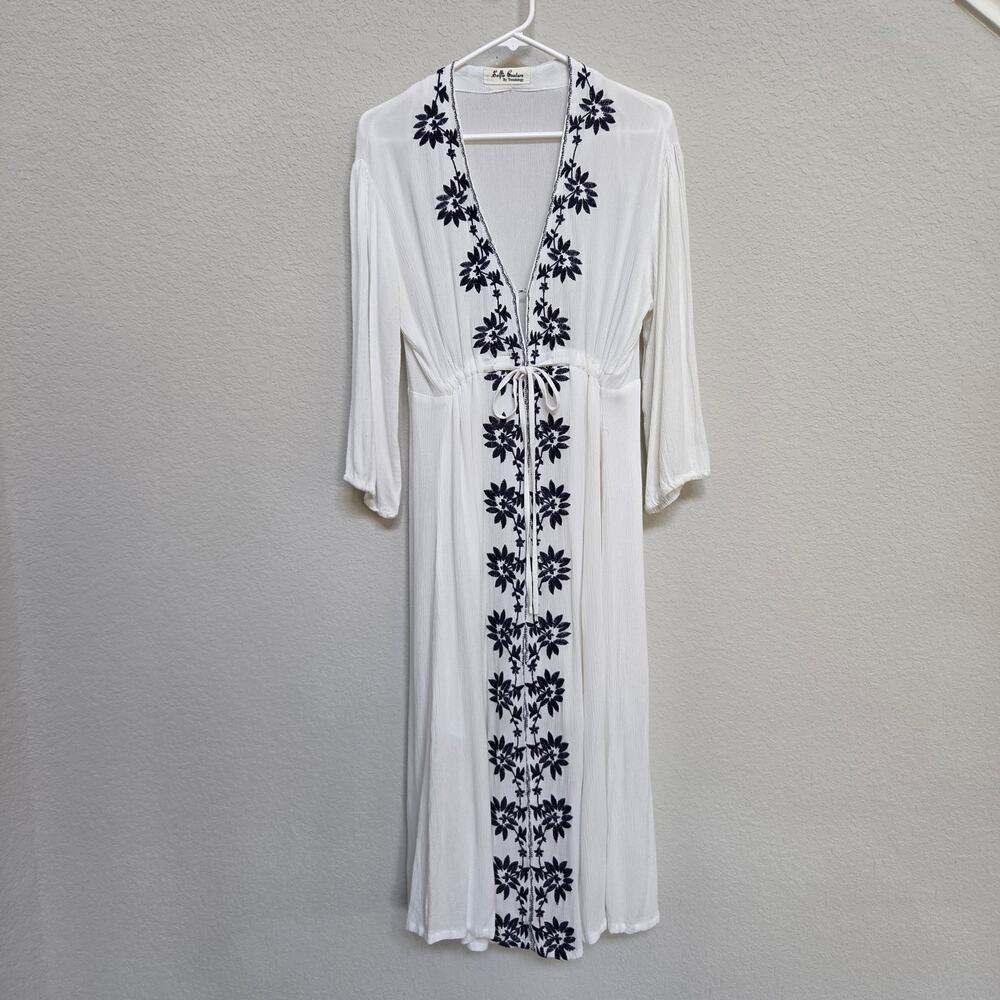 White Midi Dress Womens M Embroidered Boho Floral Selfie Couture Coastal Casual